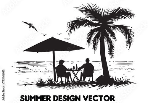 summer design palm tree sitting on chair front table and umbrella man beach for print on demand black bold simple outline on white backgrounds vector