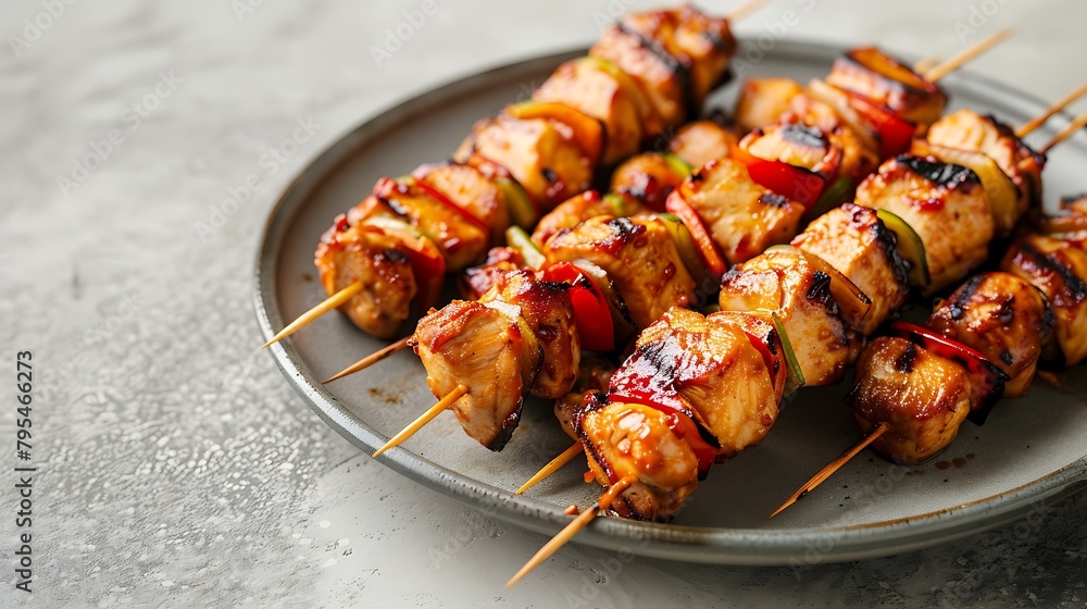 Chicken kebab skewers on a plate over light grey slate, stone or concrete background , Top view with copy space