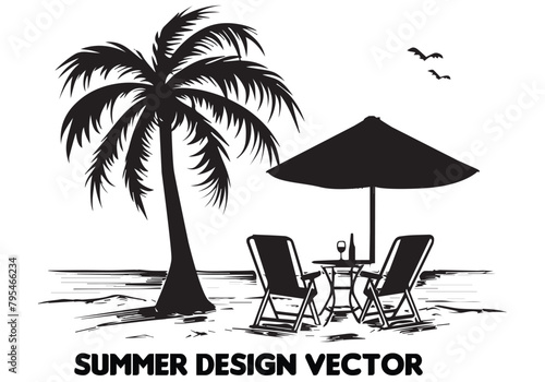 summer design palm tree sitting on chair front table and umbrella man beach for print on demand black bold simple outline on white backgrounds vector