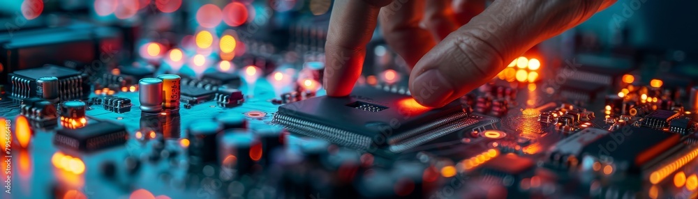 Close-up of a technician's hand installing a CPU on a glowing motherboard with electronic components. Close-up of a technician's hand installing a CPU on a glowing motherboard with electronic components.