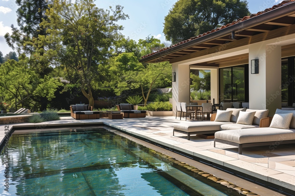 A tranquil escape featuring elegant outdoor seating beside a glistening pool.