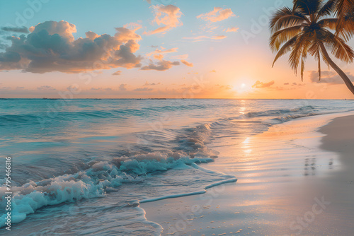 A breathtaking view of a sunny exotic beach by the ocean with palm trees at sunset, perfect for summer vacation by the sea photography.