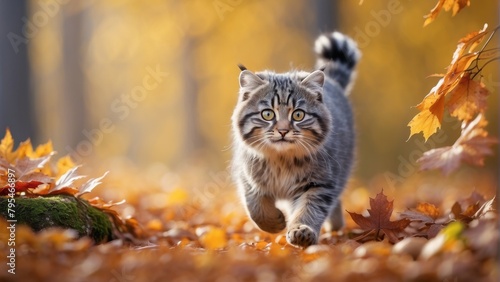cute pallas cat runs in leaf fall through autumn leaves photo