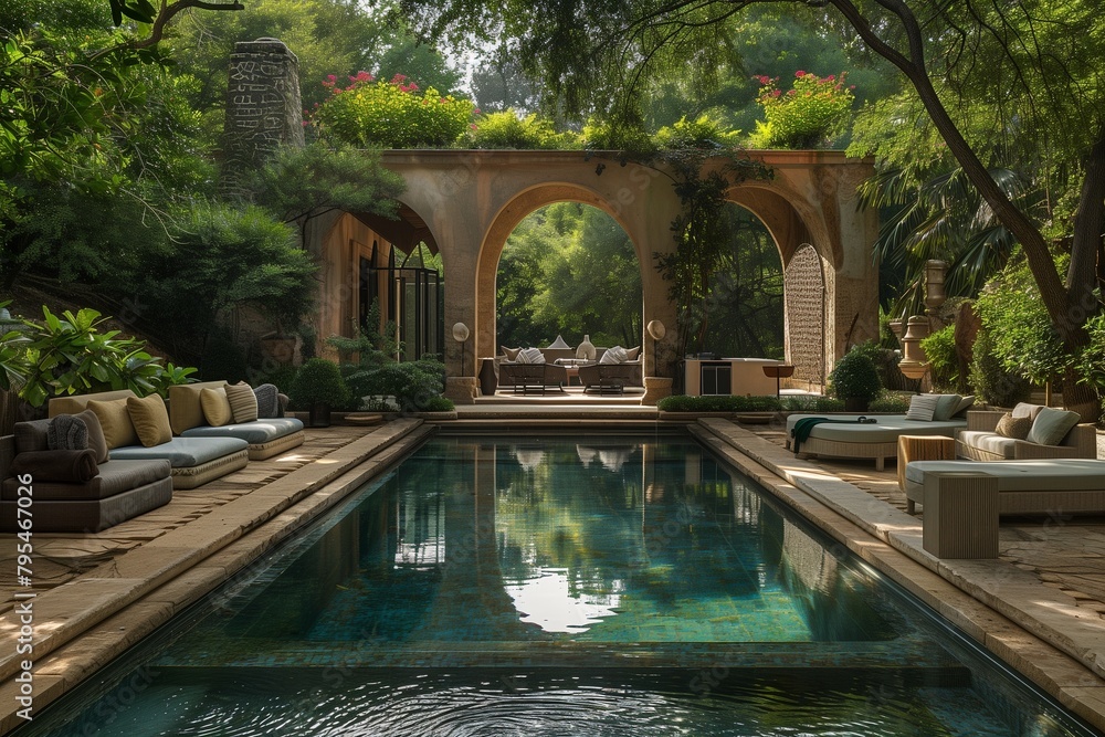 A tranquil escape featuring elegant outdoor seating beside a glistening pool.
