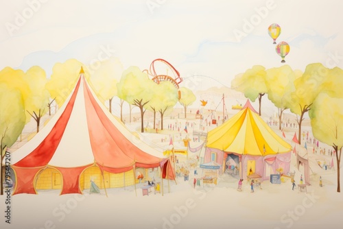 A colorful watercolor painting of a circus with a Ferris wheel, big top tents, and hot air balloons.