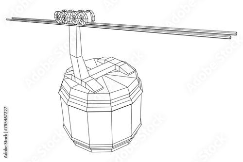 Cable car cabin gondola. Funicular simple cableway concept. Wireframe low poly mesh vector illustration