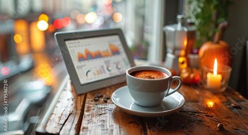 A cup of coffee beside a tablet with market news, blurred morning sunrise photo