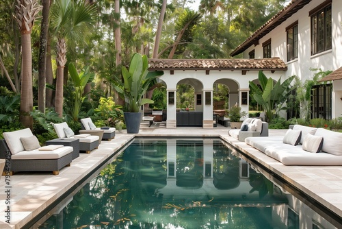 A tranquil haven featuring stylish outdoor seating beside a sparkling pool.