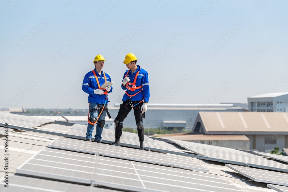 Two solar panel workers installing solar panels on a roof. Two solar panel workers installing solar panels on a roof.