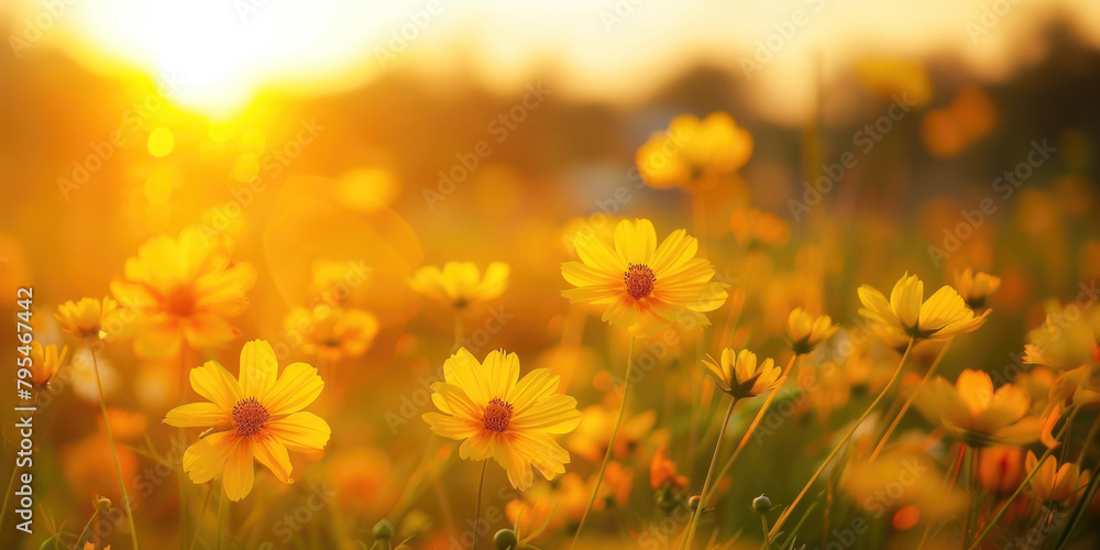 Beautiful field of yellow wild flowers at sunset. Tranquil, soft, idyllic spring summer nature blurred background. Beautiful field of yellow wild flowers at sunset. Tranquil, soft, idyllic spring summer nature blurred background.