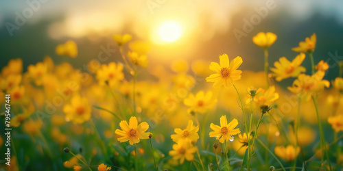 Beautiful field of yellow wild flowers at sunset. Tranquil  soft  idyllic spring summer nature blurred background. 