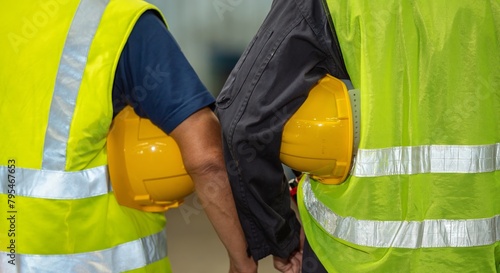 Two construction workers wearing hard hats and reflective vests