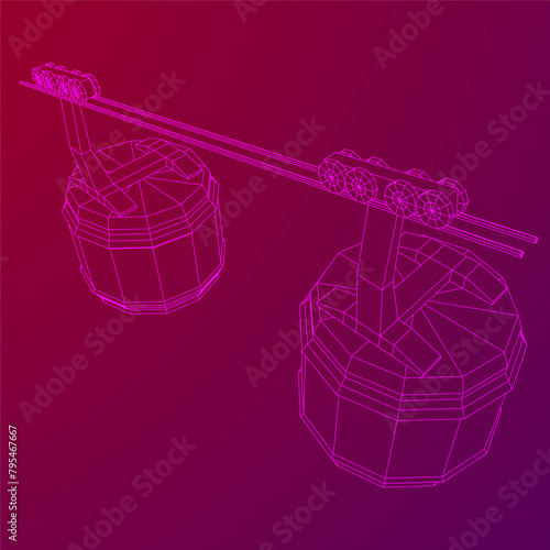 Cable car cabin gondola. Funicular simple cableway concept. Wireframe low poly mesh vector illustration