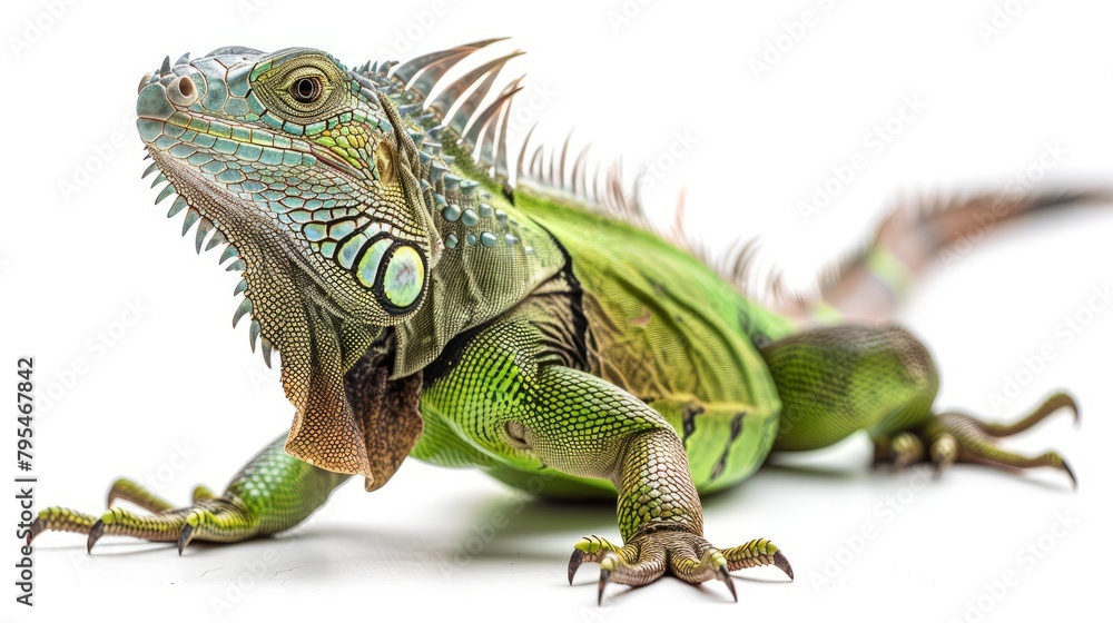 Obraz premium Full body image of a green iguana (iguana iguana) on a white background The long body of an iguana and a crest that has a clear sawtooth appearance along the back.