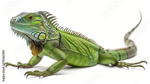 Full body image of a green iguana (iguana iguana) on a white background The long body of an iguana and a crest that has a clear sawtooth appearance along the back.