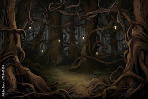 A dark forest with gnarled trees and glowing mushrooms.