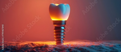 Colorful glowing dental implant with abutment and artificial crown installed in jaw. Concept Dental Implants, Abutment, Artificial Crown, Glowing, Colorful photo