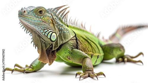 Full body image of a green iguana (iguana iguana) on a white background The long body of an iguana and a crest that has a clear sawtooth appearance along the back. © Saowanee