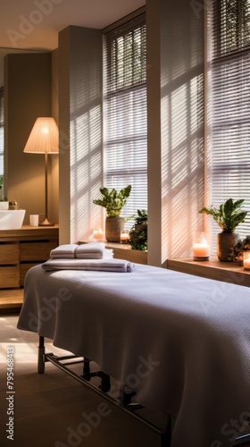 A luxurious spa therapy room with soft lighting and a massage table