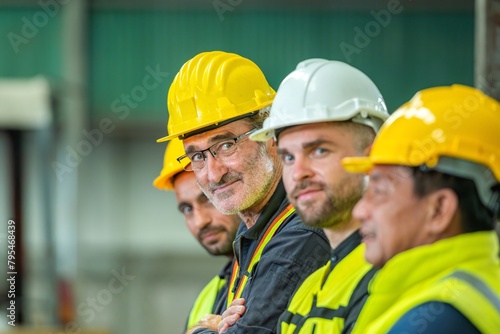 A group of construction workers wearing hard hats at a construction site.