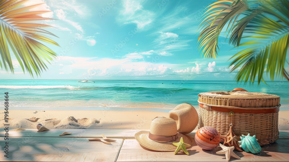 A serene beach scene with a picnic basket suggesting a relaxing and peaceful beach day getaway in a tropical paradise