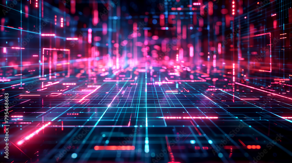 Neon grids and wireframes in a dark pink and blue cyber space, Abstract background Neon grids and wireframes in a dark pink and blue cyber space, Abstract background