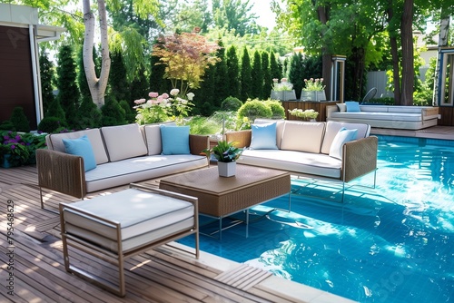 Elegant patio furniture arranged on a deck overlooking a sparkling pool.