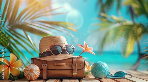 A conceptual image featuring a suitcase, hat, and sunglasses hinting at exciting travel plans and exotic beach destinations photo