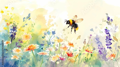 Watercolor painting of cute bumblebee flying in flowers.