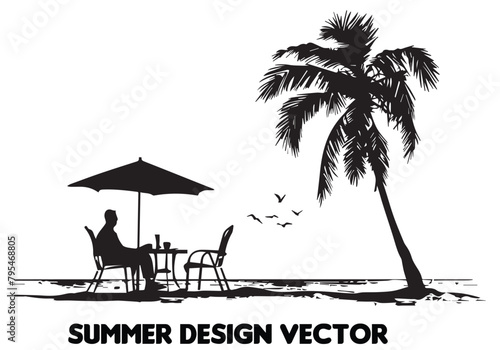 summer design palm tree sitting on chair front table and umbrella man vector