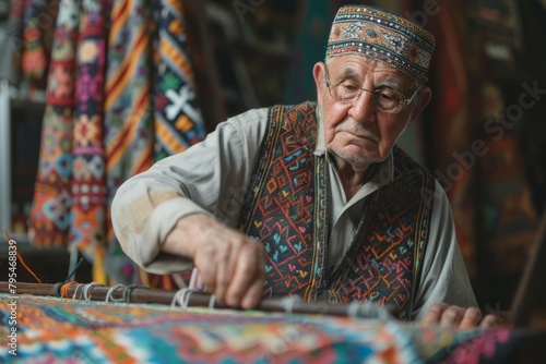 Traditional tatreez embroiderer, Palestinian heritage, colorful patterns photo