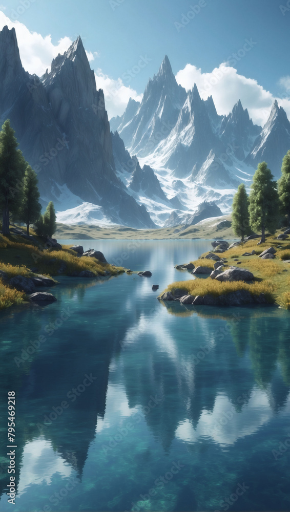 Reflective Realm, D Render of a Fantasy Landscape, Featuring Mountains Mirrored in a Calm Water Surface.