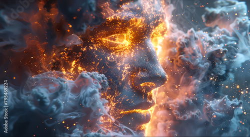 Intense 3D render of a human face engulfed in a blaze of elemental fury, depicting inner strength and passion