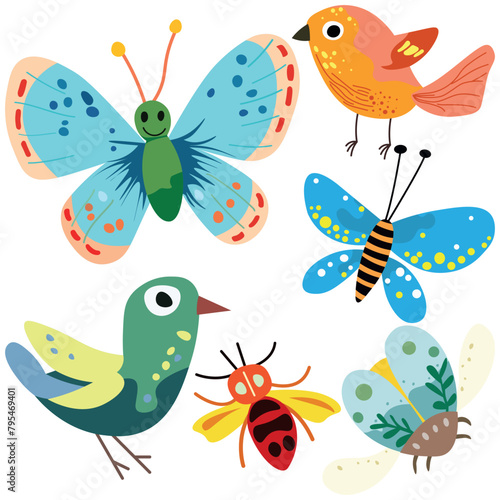 Drawing of insects and birds in children s style. Butterflies  bugs and birds on a white background. Individual elements.