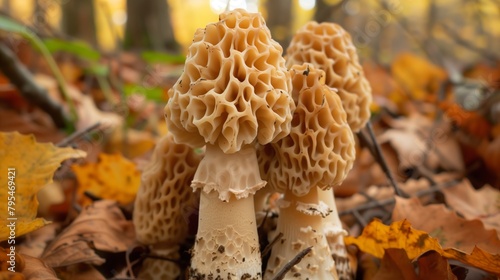 Several morel mushrooms close-up growing