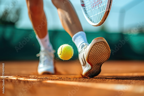 Male tennis player in action on the court on sunny day. Professional sport concept. Horizontal poster, greeting cards, headers, website. Legs of athlete near the tennis racket, ball. Playing Tennis © Marina Demidiuk