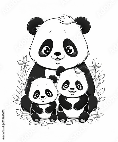 Mother panda with cubs black and white illustration. Family and nature concept. Design for children's book, coloring page, and educational materials.