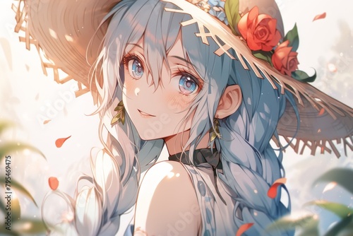 Anime girl with light blue hair and floral hat. Spring illustration and youth concept. Design for poster, greeting card, and book cover. 