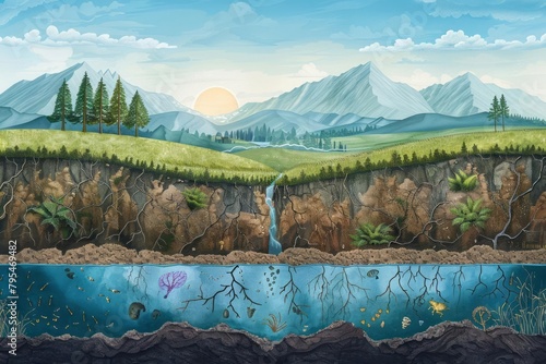 Illustration of the phosphorus cycle, showcasing soil, water, and living organisms interactions photo
