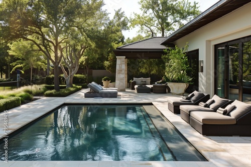 Inviting backyard escape featuring plush seating arrangements next to a refreshing pool.