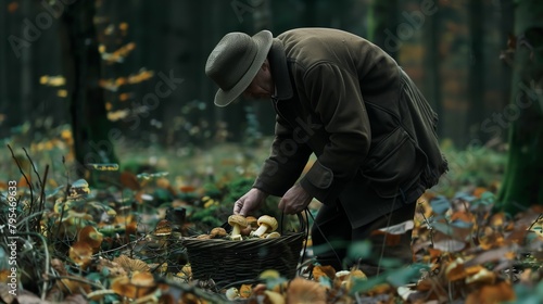 An elderly man in a dark coat and hat picking mushrooms in a basket in the forest