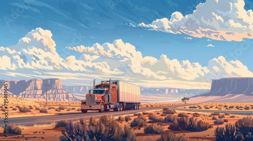 A truck driver navigates a long haul, transporting goods across the country photo