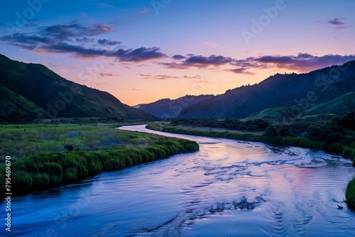 Serene river winding its way through a peaceful valley at twilight