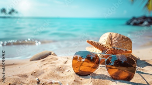 Starfish resting on sand next to stylish sunglasses reflecting palm trees on a tropical beach © Fxquadro