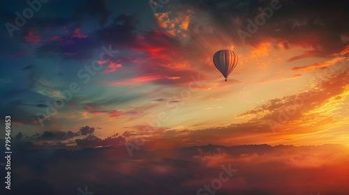 travel on hot air balloon, beautiful inspirational landscape with sunrise colorful sky photo