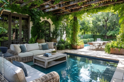 Lush greenery framing a cozy outdoor living space by the pool. photo