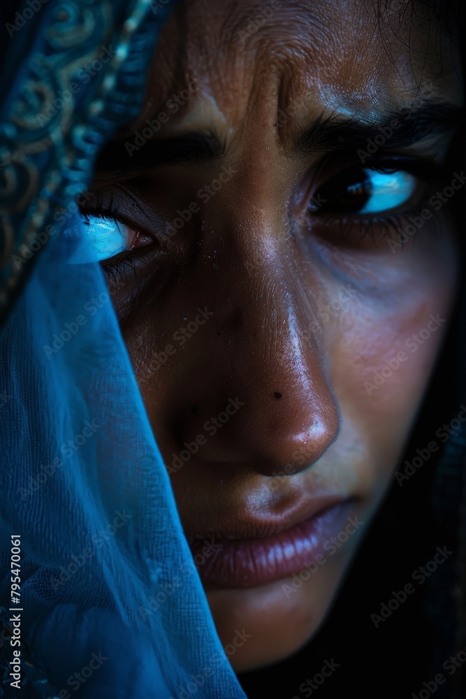 A woman's face in the throes of grief, her eyes brimming with unshed tears, portraying the rawness and vulnerability of sorrow.