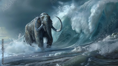 Woolly Mammoth Confronted by Icy Tidal Wave in Prehistoric Arctic Landscape