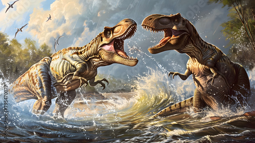 Carnivore Clash Amidst Chaotic Tsunami Fierce Allosaurus Predators Seizing Opportunity to Attack Prey