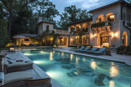 Luxurious backyard retreat with plush outdoor furnishings surrounding inviting pool waters. photo